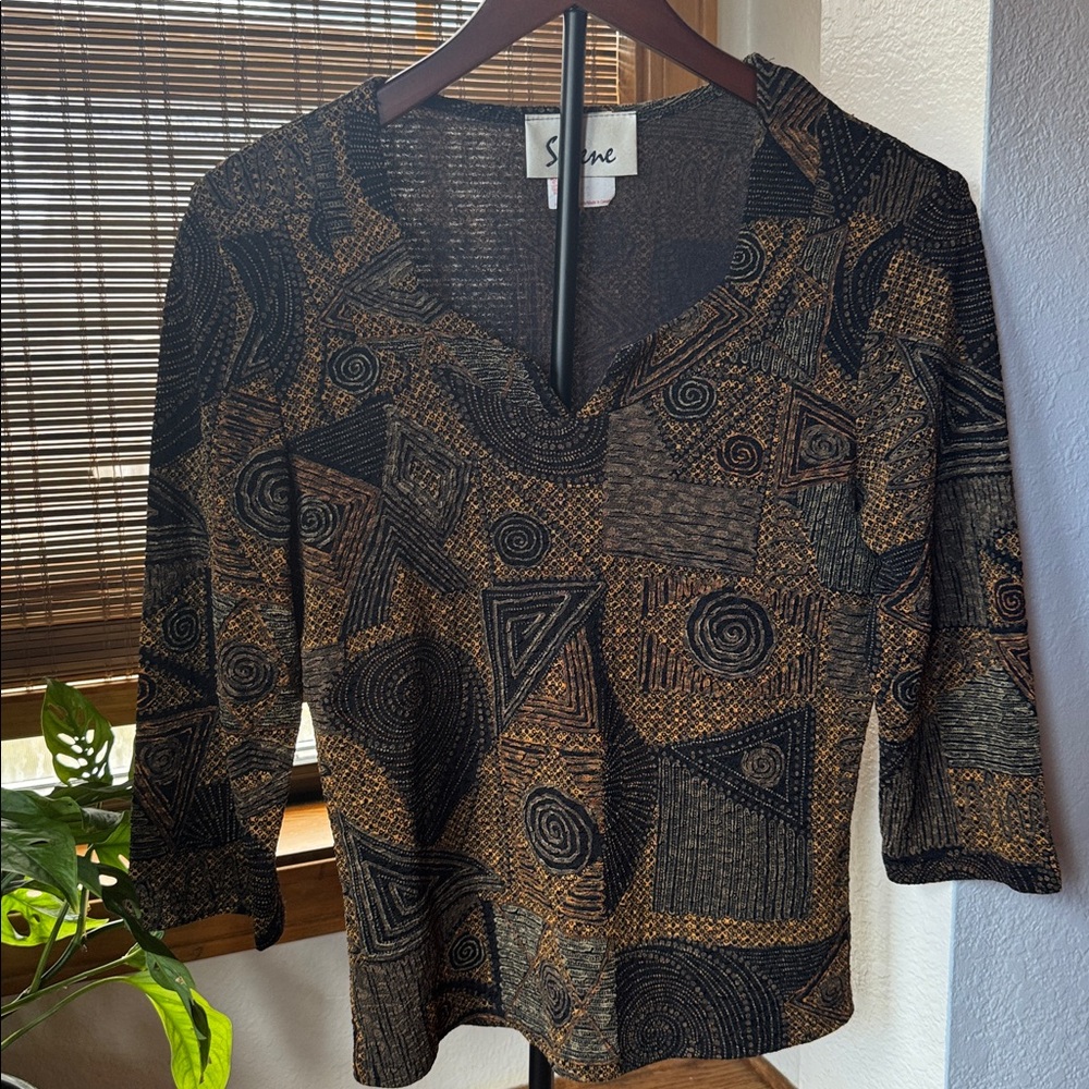 VTG Selene Jacquard Top Rayon SZ Medium Art to Wear abstract mosaic print